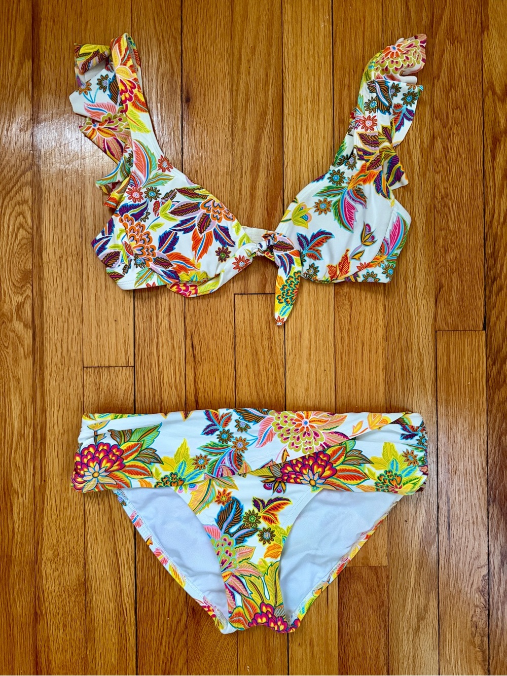 Bleu Rod Beattie White Floral Ruffle Bikini with Multicolor Print